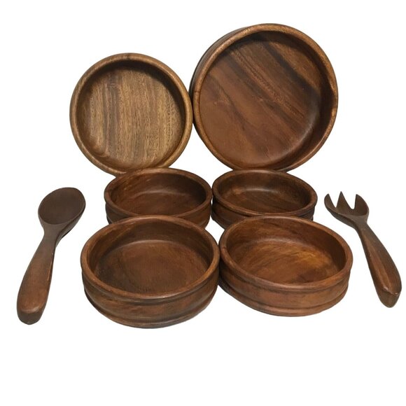 Wooden Bowl Set From Philippines 8 Pieces 4 Small & 2 Serving Bowls Spoon Fork - Picture 1 of 14